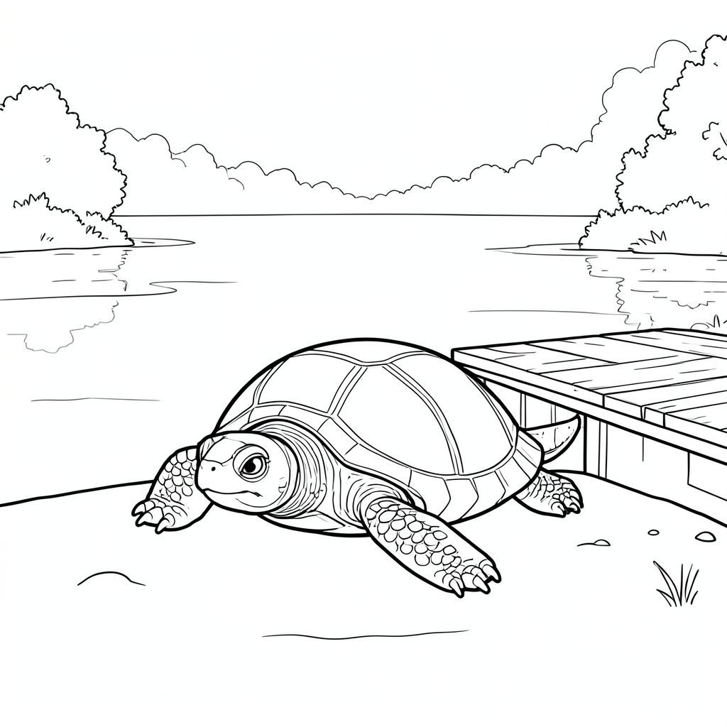 Độc lập, Rùa đơn, một đầu, hai mắt, bốn chân, một vỏ, một đuôi, bàn chân trên mặt đất vững chắc, tỷ lệ tự nhiên, quy mô thích hợp trong môi trường, đúng giải phẫu, rùa, hồ, bến tàu, điềm tĩnh, Nước, Bình minh, sương mù, trỗi dậy, mềm mại, rõ ràng, thanh thản, Trang màu, Nghệ thuật đường nét, nền trắng, Solo, chủ đề đơn, Đúng về mặt giải phẫu, Giải phẫu hoàn hảo