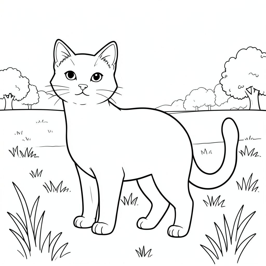solo, chủ đề đơn, một đầu, hai mắt, hai tai, bốn chân, một đuôi, tỷ lệ tự nhiên, quy mô thích hợp trong môi trường, đúng giải phẫu, con mèo, đồng bằng cỏ, cây cối xa, đường chân trời, nền đơn giản, môi trường sạch sẽ, bằng phẳng, màu nước rửa, sách truyện, tinh khiết, tô màu, nghệ thuật đường, nền trắng, solo, chủ đề đơn, đúng giải phẫu, giải phẫu hoàn hảo