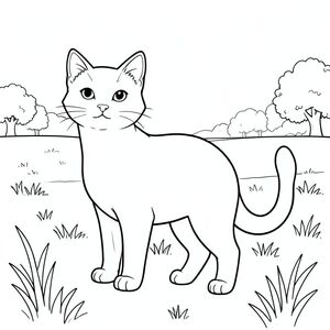 solo, chủ đề đơn, một đầu, hai mắt, hai tai, bốn chân, một đuôi, tỷ lệ tự nhiên, quy mô thích hợp trong môi trường, đúng giải phẫu, con mèo, đồng bằng cỏ, cây cối xa, đường chân trời, nền đơn giản, môi trường sạch sẽ, bằng phẳng, màu nước rửa, sách truyện, tinh khiết, tô màu, nghệ thuật đường, nền trắng, solo, chủ đề đơn, đúng giải phẫu, giải phẫu hoàn hảo