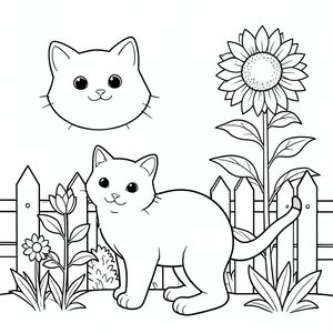 solo, chủ đề đơn, một đầu, hai mắt, hai tai, bốn chân, một đuôi, tỷ lệ tự nhiên, quy mô thích hợp trong môi trường, đúng giải phẫu, con mèo, hướng dương, bản vá, cao, nở hoa, vui mừng, vườn, cọc cọc, hàng rào, đơn giản, sạch sẽ, trang tô màu, nghệ thuật đường, nền trắng, solo, chủ đề đơn, đúng giải phẫu, giải phẫu hoàn hảo