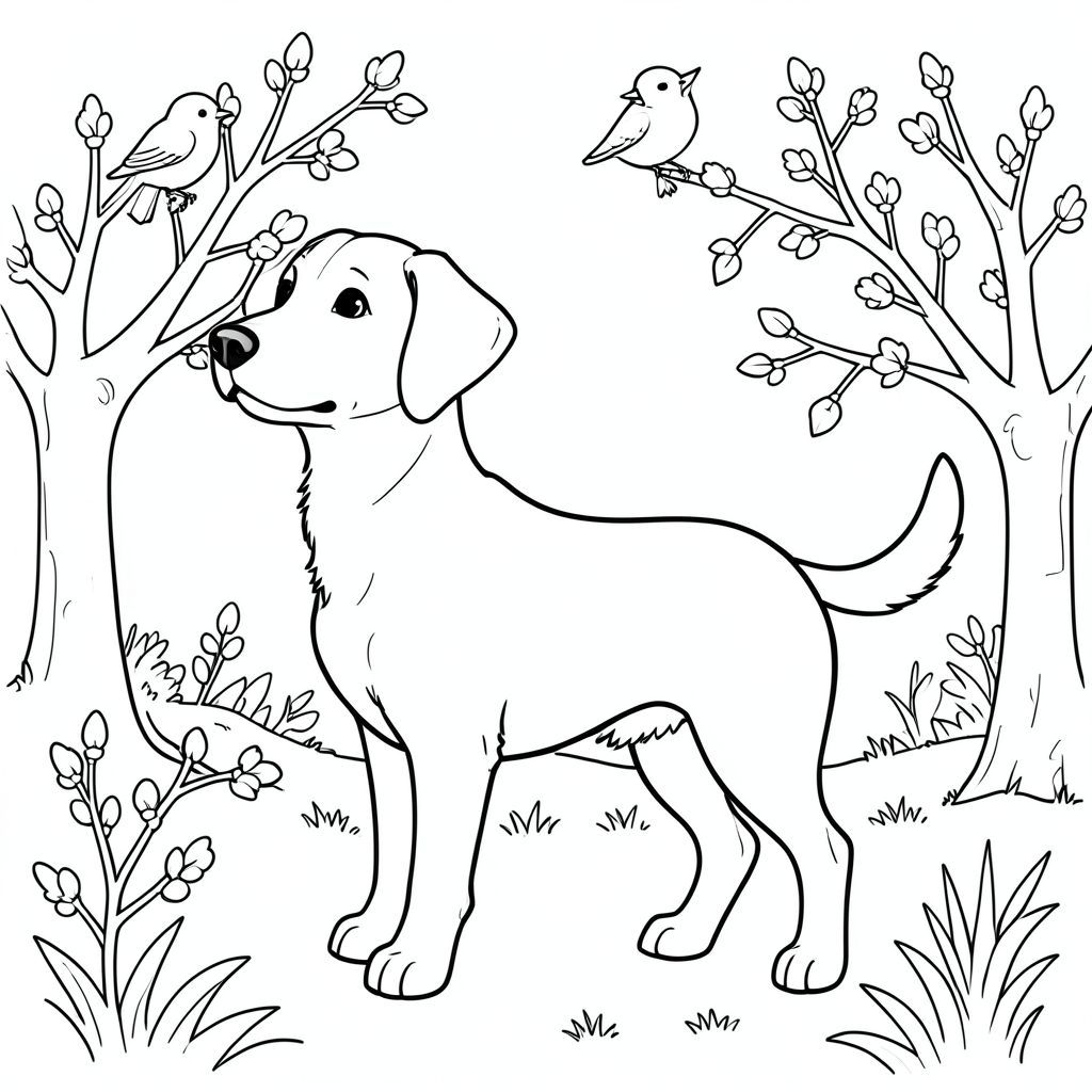 solo, chủ đề đơn, một đầu, hai mắt, hai tai, bốn chân, một đuôi, tỷ lệ tự nhiên, quy mô thích hợp trong môi trường, đúng giải phẫu, chó, Ánh sáng mặt trời ấm áp, mùa xuân, chim, trở lại, chồi, cây, nền đơn giản, sạch sẽ, thuần khiết, trang màu, nghệ thuật đường, nền trắng, solo, chủ đề đơn, đúng giải phẫu, giải phẫu hoàn hảo