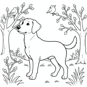 solo, chủ đề đơn, một đầu, hai mắt, hai tai, bốn chân, một đuôi, tỷ lệ tự nhiên, quy mô thích hợp trong môi trường, đúng giải phẫu, chó, Ánh sáng mặt trời ấm áp, mùa xuân, chim, trở lại, chồi, cây, nền đơn giản, sạch sẽ, thuần khiết, trang màu, nghệ thuật đường, nền trắng, solo, chủ đề đơn, đúng giải phẫu, giải phẫu hoàn hảo