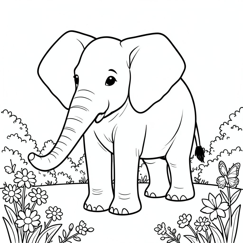 Độc mình, một con voi, một đầu, hai mắt, hai tai lớn, một thân cây, bốn chân, một đuôi, bàn chân trên mặt đất vững chắc, tỷ lệ tự nhiên, quy mô thích hợp trong môi trường, đúng về mặt giải phẫu, voi, hoa dại, bướm, vườn, bụi cây, ánh sáng mặt trời, hoa, nền đơn giản, dọn dẹp, tinh khiết, sách truyện, trang màu, nghệ thuật đường, nền trắng, solo, chủ đề đơn, đúng giải phẫu, giải phẫu hoàn hảo