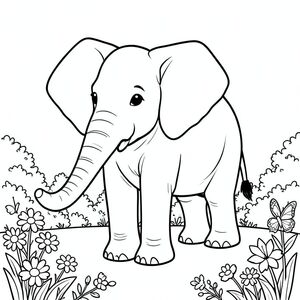 Độc mình, một con voi, một đầu, hai mắt, hai tai lớn, một thân cây, bốn chân, một đuôi, bàn chân trên mặt đất vững chắc, tỷ lệ tự nhiên, quy mô thích hợp trong môi trường, đúng về mặt giải phẫu, voi, hoa dại, bướm, vườn, bụi cây, ánh sáng mặt trời, hoa, nền đơn giản, dọn dẹp, tinh khiết, sách truyện, trang màu, nghệ thuật đường, nền trắng, solo, chủ đề đơn, đúng giải phẫu, giải phẫu hoàn hảo