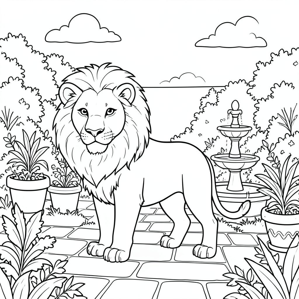 solo, chủ đề đơn, một đầu, hai mắt, hai tai, bốn chân, một đuôi, tỷ lệ tự nhiên, quy mô thích hợp trong môi trường, đúng giải phẫu, sư tử, sân, vườn, chậu cây, đài phun nước, con đường đá, ánh sáng mặt trời, bầu trời quang đãng, bầu trời, cây xanh tươi tốt, nhỏ, trang tô màu, nghệ thuật đường, nền trắng, solo, chủ đề đơn, chính xác về mặt giải phẫu, giải phẫu hoàn hảo