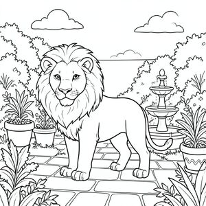 solo, chủ đề đơn, một đầu, hai mắt, hai tai, bốn chân, một đuôi, tỷ lệ tự nhiên, quy mô thích hợp trong môi trường, đúng giải phẫu, sư tử, sân, vườn, chậu cây, đài phun nước, con đường đá, ánh sáng mặt trời, bầu trời quang đãng, bầu trời, cây xanh tươi tốt, nhỏ, trang tô màu, nghệ thuật đường, nền trắng, solo, chủ đề đơn, chính xác về mặt giải phẫu, giải phẫu hoàn hảo