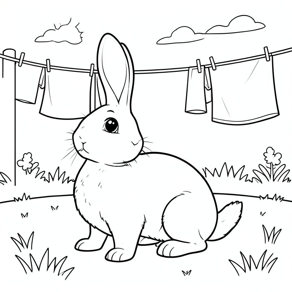 solo, chủ đề đơn, một đầu, hai mắt, hai tai, bốn chân, một đuôi, tỷ lệ tự nhiên, quy mô thích hợp trong môi trường, đúng giải phẫu, thỏ, sân sau đầy nắng, dây chuyền giặt, gió, sấy quần áo, nền đơn giản, dọn dẹp, ngoài trời, cỏ, đơn giản, thuần khiết, trang màu, nghệ thuật đường, nền trắng, solo, chủ đề đơn, chính xác về mặt giải phẫu, giải phẫu hoàn hảo