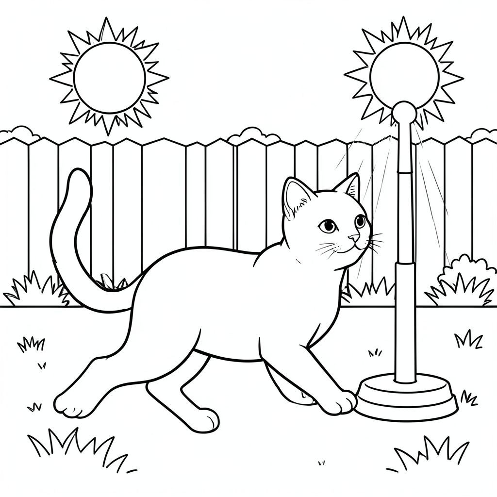 solo, chủ đề đơn, một đầu, hai mắt, hai tai, bốn chân, một đuôi, tỷ lệ tự nhiên, quy mô thích hợp trong môi trường, đúng giải phẫu, con mèo, mặt trời, sân sau, mùa hè, ngày, Vòi phun nước, chạy, dọn dẹp, đơn giản, lý lịch, cỏ, trang màu, nghệ thuật đường, nền trắng, solo, chủ đề đơn, đúng về mặt giải phẫu, giải phẫu hoàn hảo