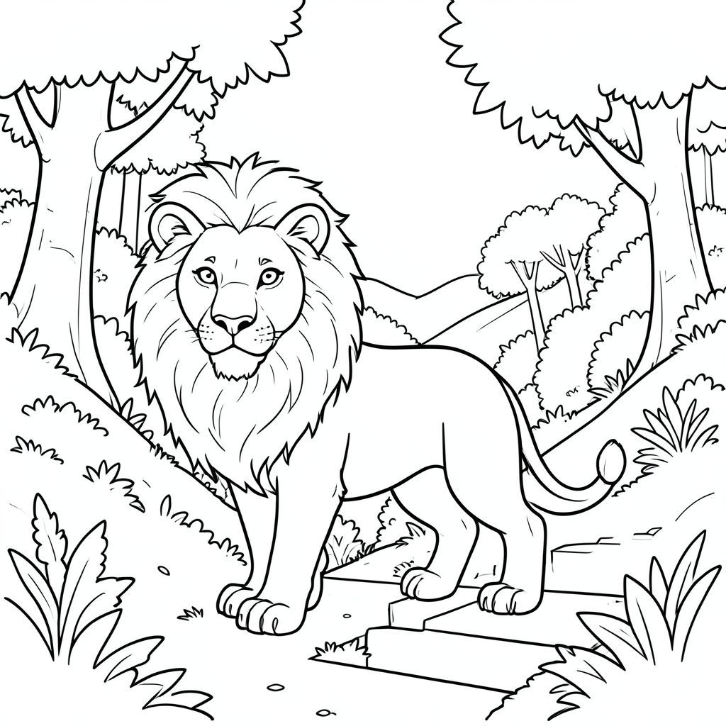 solo, chủ đề đơn, một đầu, hai mắt, hai tai, bốn chân, một đuôi, tỷ lệ tự nhiên, quy mô thích hợp trong môi trường, đúng giải phẫu, sư tử, rừng, sườn đồi, cầu thang, con đường, thung lũng, xem, ánh sáng mặt trời, rõ ràng, tươi tốt, cây cối, trang màu, nghệ thuật đường, nền trắng, solo, chủ đề đơn, đúng về mặt giải phẫu, giải phẫu hoàn hảo