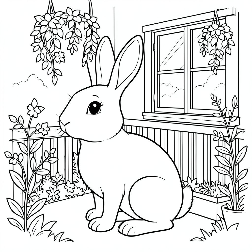 solo, chủ đề đơn, một đầu, hai mắt, hai tai, bốn chân, một đuôi, tỷ lệ tự nhiên, quy mô thích hợp trong môi trường, đúng giải phẫu, thỏ, Ban công, vườn, thực vật, treo, yên tĩnh, đơn giản, dọn dẹp, Cửa sổ, xem, Ánh sáng mặt trời, trang màu, nghệ thuật đường, nền trắng, solo, chủ đề đơn, đúng về mặt giải phẫu, giải phẫu hoàn hảo