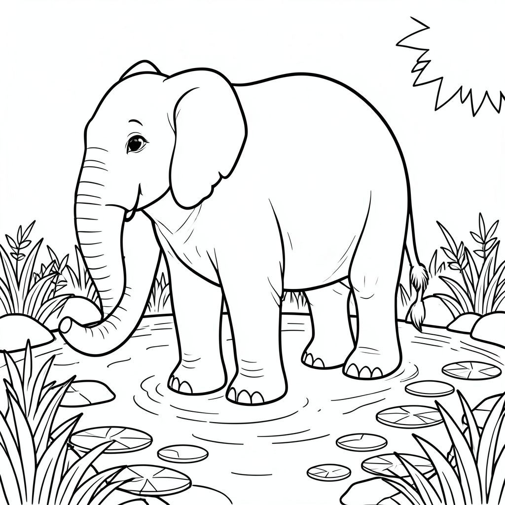 solo, một con voi, một đầu, hai mắt, hai tai lớn, một thân cây, bốn chân, một đuôi, bàn chân trên mặt đất vững chắc, tỷ lệ tự nhiên, quy mô thích hợp trong môi trường, đúng về mặt giải phẫu, voi, ao, miếng đệm hoa loa kèn, nước, bề mặt, gợn sóng, ánh sáng mặt trời, lá, cỏ, bờ biển, đá, trang màu, nghệ thuật đường, nền trắng, solo, chủ đề đơn, đúng giải phẫu, giải phẫu hoàn hảo