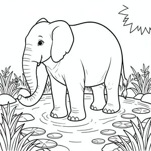 solo, một con voi, một đầu, hai mắt, hai tai lớn, một thân cây, bốn chân, một đuôi, bàn chân trên mặt đất vững chắc, tỷ lệ tự nhiên, quy mô thích hợp trong môi trường, đúng về mặt giải phẫu, voi, ao, miếng đệm hoa loa kèn, nước, bề mặt, gợn sóng, ánh sáng mặt trời, lá, cỏ, bờ biển, đá, trang màu, nghệ thuật đường, nền trắng, solo, chủ đề đơn, đúng giải phẫu, giải phẫu hoàn hảo