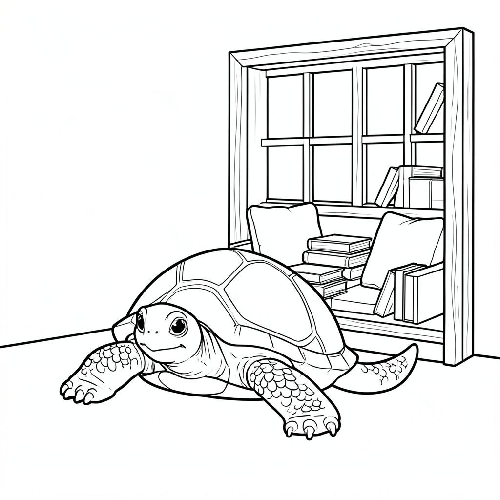 Độc lập, Rùa đơn, một đầu, hai mắt, bốn chân, một vỏ, một đuôi, bàn chân trên nền đất vững chắc, tỷ lệ tự nhiên, quy mô thích hợp trong môi trường, đúng giải phẫu, rùa, cửa sổ, ấm cúng, đọc ngóc ngách, đệm, sách, đơn giản, dọn dẹp, ấm áp, Gỗ, khung, trang màu, nghệ thuật đường, nền trắng, solo, chủ đề đơn, chính xác về mặt giải phẫu, giải phẫu hoàn hảo
