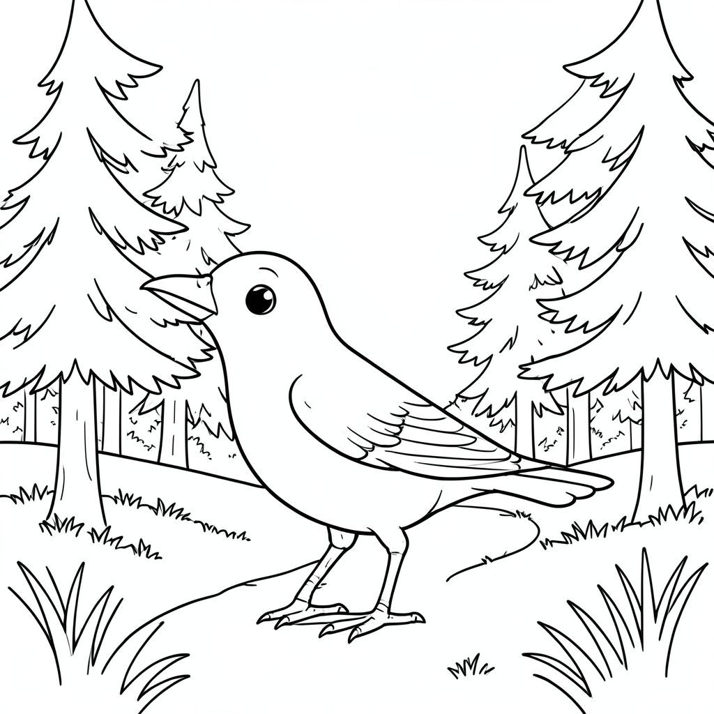 Độc lập, một con chim, một đầu, hai mắt, một mỏ, hai cánh, hai chân, một đuôi, tỷ lệ tự nhiên, quy mô thích hợp trong môi trường, đúng giải phẫu, chim, cây thông, đường rừng, thông cao, kim mềm, ánh sáng mặt trời, bầu trời quang đãng, cỏ, nền đơn giản, môi trường sạch sẽ, nghệ thuật tuyến tính, trang màu, nghệ thuật đường, nền trắng, solo, chủ đề đơn, chính xác về mặt giải phẫu, giải phẫu hoàn hảo