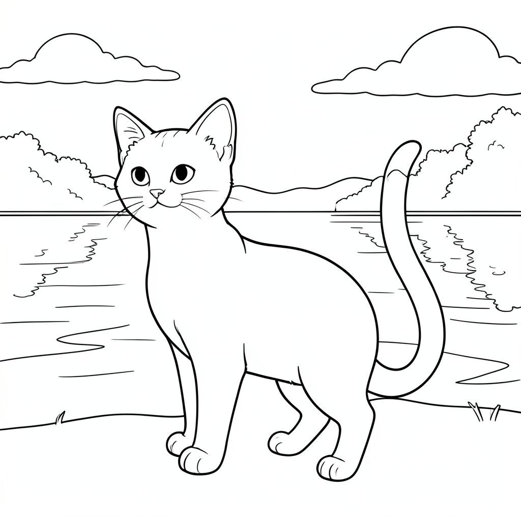 solo, chủ đề đơn, một đầu, hai mắt, hai tai, bốn chân, một đuôi, tỷ lệ tự nhiên, quy mô thích hợp trong môi trường, chính xác về mặt giải phẫu, con mèo, Hồ, hoàng hôn, Bầu trời, nước lặng, phản chiếu, rõ ràng, yên bình, thanh thản, ấm áp, mờ mịt, tô màu, nghệ thuật đường, nền trắng, solo, chủ đề đơn, chính xác về mặt giải phẫu, giải phẫu hoàn hảo