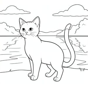 solo, chủ đề đơn, một đầu, hai mắt, hai tai, bốn chân, một đuôi, tỷ lệ tự nhiên, quy mô thích hợp trong môi trường, chính xác về mặt giải phẫu, con mèo, Hồ, hoàng hôn, Bầu trời, nước lặng, phản chiếu, rõ ràng, yên bình, thanh thản, ấm áp, mờ mịt, tô màu, nghệ thuật đường, nền trắng, solo, chủ đề đơn, chính xác về mặt giải phẫu, giải phẫu hoàn hảo