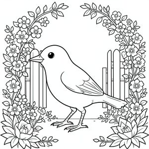 solo, một con chim, một đầu, hai mắt, một mỏ, hai cánh, hai chân, một đuôi, tỷ lệ tự nhiên, quy mô thích hợp trong môi trường, đúng giải phẫu, chim, vườn, cổng, leo nho, hoa, tươi tốt, mềm mại, ánh sáng mặt trời, trong sáng, bầu trời, đơn giản, tô màu, nghệ thuật đường, nền trắng, solo, chủ đề đơn, đúng giải phẫu, giải phẫu hoàn hảo