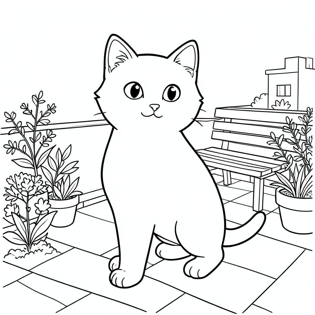 solo, chủ đề đơn, một đầu, hai mắt, hai tai, bốn chân, một đuôi, tỷ lệ tự nhiên, quy mô thích hợp trong môi trường, đúng về mặt giải phẫu, con mèo, Sân thượng, sân thượng, thực vật, băng ghế, đơn giản, dọn dẹp, ngoài trời, ánh sáng mặt trời, xem, rõ ràng, trang màu, nghệ thuật đường, nền trắng, solo, chủ đề đơn, đúng về mặt giải phẫu, giải phẫu hoàn hảo