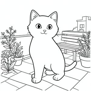 solo, chủ đề đơn, một đầu, hai mắt, hai tai, bốn chân, một đuôi, tỷ lệ tự nhiên, quy mô thích hợp trong môi trường, đúng về mặt giải phẫu, con mèo, Sân thượng, sân thượng, thực vật, băng ghế, đơn giản, dọn dẹp, ngoài trời, ánh sáng mặt trời, xem, rõ ràng, trang màu, nghệ thuật đường, nền trắng, solo, chủ đề đơn, đúng về mặt giải phẫu, giải phẫu hoàn hảo