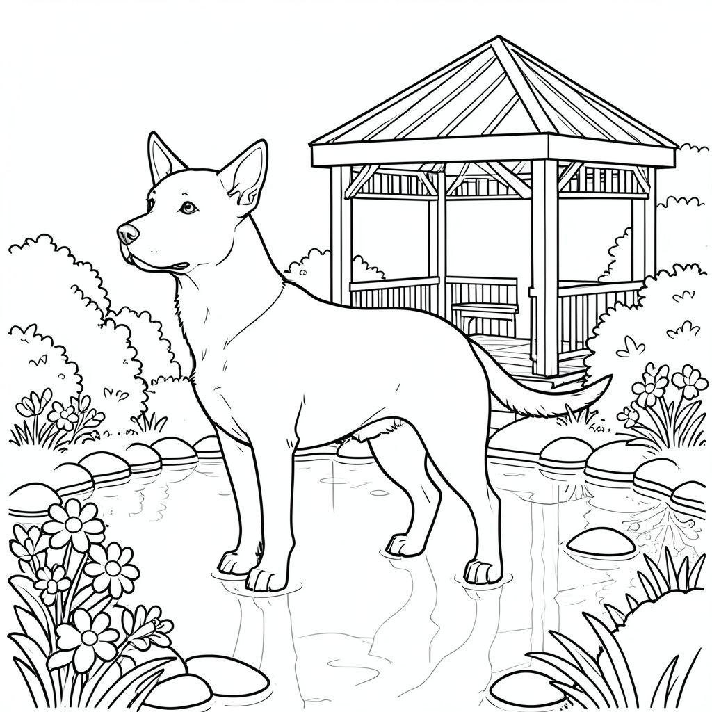 solo, chủ đề đơn, một đầu, hai mắt, hai tai, bốn chân, một đuôi, tỷ lệ tự nhiên, quy mô thích hợp trong môi trường, đúng giải phẫu, chó, Gazebo, ao, hoa, bụi cây, đá mịn, nước, phản chiếu, ánh sáng mặt trời, rõ ràng, đơn giản, trang màu, nghệ thuật đường, nền trắng, solo, chủ đề đơn, đúng giải phẫu, giải phẫu hoàn hảo