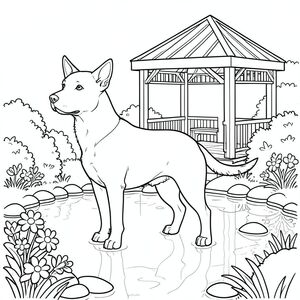 solo, chủ đề đơn, một đầu, hai mắt, hai tai, bốn chân, một đuôi, tỷ lệ tự nhiên, quy mô thích hợp trong môi trường, đúng giải phẫu, chó, Gazebo, ao, hoa, bụi cây, đá mịn, nước, phản chiếu, ánh sáng mặt trời, rõ ràng, đơn giản, trang màu, nghệ thuật đường, nền trắng, solo, chủ đề đơn, đúng giải phẫu, giải phẫu hoàn hảo
