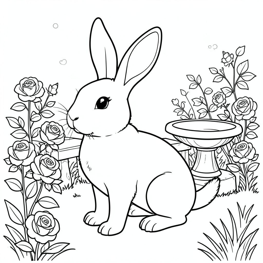 solo, chủ đề đơn, một đầu, hai mắt, hai tai, bốn chân, một đuôi, tỷ lệ tự nhiên, quy mô thích hợp trong môi trường, đúng giải phẫu, thỏ, vườn, hoa hồng, băng ghế đá, bồn tắm chim, ánh sáng mặt trời, đơn giản, sạch sẽ, lý lịch, tán lá, cỏ, trang màu, nghệ thuật đường, nền trắng, solo, chủ đề đơn, đúng giải phẫu, giải phẫu hoàn hảo