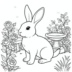 solo, chủ đề đơn, một đầu, hai mắt, hai tai, bốn chân, một đuôi, tỷ lệ tự nhiên, quy mô thích hợp trong môi trường, đúng giải phẫu, thỏ, vườn, hoa hồng, băng ghế đá, bồn tắm chim, ánh sáng mặt trời, đơn giản, sạch sẽ, lý lịch, tán lá, cỏ, trang màu, nghệ thuật đường, nền trắng, solo, chủ đề đơn, đúng giải phẫu, giải phẫu hoàn hảo