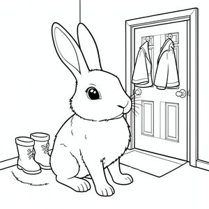 solo, chủ đề đơn, một đầu, hai mắt, hai tai, bốn chân, một đuôi, tỷ lệ tự nhiên, quy mô thích hợp trong môi trường, đúng giải phẫu, thỏ, phòng bùn, lối vào, ủng, áo khoác, cửa, đơn giản, dọn dẹp, lý lịch, sách truyện, thuần khiết, trang màu, nghệ thuật đường, nền trắng, solo, chủ đề đơn, đúng giải phẫu, giải phẫu hoàn hảo