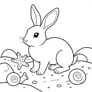 solo, chủ đề đơn, một đầu, hai mắt, hai tai, bốn chân, một đuôi, tỷ lệ tự nhiên, quy mô thích hợp trong môi trường, đúng giải phẫu, thỏ, hồ thủy triều, sao biển, ốc sên, đá, cát, nước, ánh sáng mặt trời, rõ ràng, mịn, tròn, trang màu, nghệ thuật đường, nền trắng, solo, chủ đề đơn, đúng về mặt giải phẫu, giải phẫu hoàn hảo