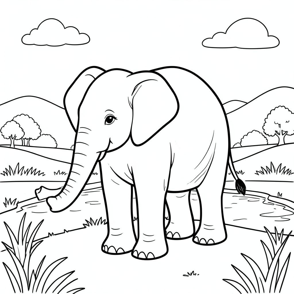 Độc lập, một con voi, một đầu, hai mắt, hai tai lớn, một thân cây, bốn chân, một đuôi, bàn chân trên mặt đất vững chắc, tỷ lệ tự nhiên, quy mô thích hợp trong môi trường, đúng về mặt giải phẫu, voi, cánh đồng, kênh đào, Nước, ánh sáng mặt trời, bầu trời quang đãng, Đồi thoai thoải, cây cối xa, nền đơn giản, dọn dẹp, hòa bình, trang tô màu, nghệ thuật đường, nền trắng, solo, chủ đề đơn, đúng giải phẫu, giải phẫu hoàn hảo