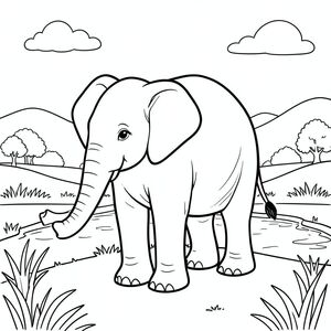 Độc lập, một con voi, một đầu, hai mắt, hai tai lớn, một thân cây, bốn chân, một đuôi, bàn chân trên mặt đất vững chắc, tỷ lệ tự nhiên, quy mô thích hợp trong môi trường, đúng về mặt giải phẫu, voi, cánh đồng, kênh đào, Nước, ánh sáng mặt trời, bầu trời quang đãng, Đồi thoai thoải, cây cối xa, nền đơn giản, dọn dẹp, hòa bình, trang tô màu, nghệ thuật đường, nền trắng, solo, chủ đề đơn, đúng giải phẫu, giải phẫu hoàn hảo