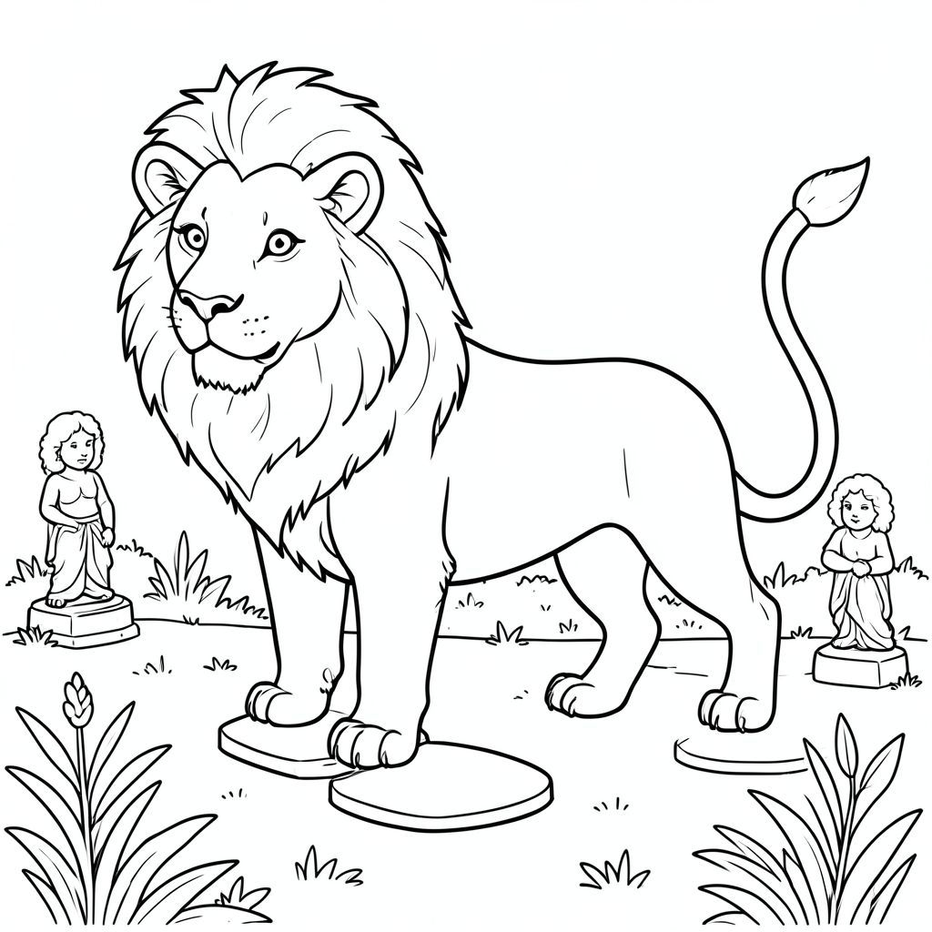 solo, chủ đề đơn, một đầu, hai mắt, hai tai, bốn chân, một đuôi, tỷ lệ tự nhiên, quy mô thích hợp trong môi trường, đúng giải phẫu, sư tử, vườn, bước đệm, tượng, nhỏ, đơn giản, dọn dẹp, lý lịch, khắc, thuần khiết, sách truyện, trang màu, nghệ thuật đường, nền trắng, solo, chủ đề đơn, đúng giải phẫu, giải phẫu hoàn hảo