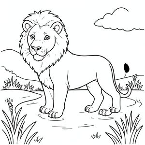 solo, chủ đề đơn, một đầu, hai mắt, hai tai, bốn chân, một đuôi, tỷ lệ tự nhiên, quy mô thích hợp trong môi trường, đúng giải phẫu, sư tử, lạch, đồng cỏ, cỏ, bằng phẳng, cỏ, đồng cỏ, đơn giản, sạch sẽ, nhỏ, cô đơn, trang màu, nghệ thuật đường, nền trắng, solo, chủ đề đơn, đúng giải phẫu, giải phẫu hoàn hảo