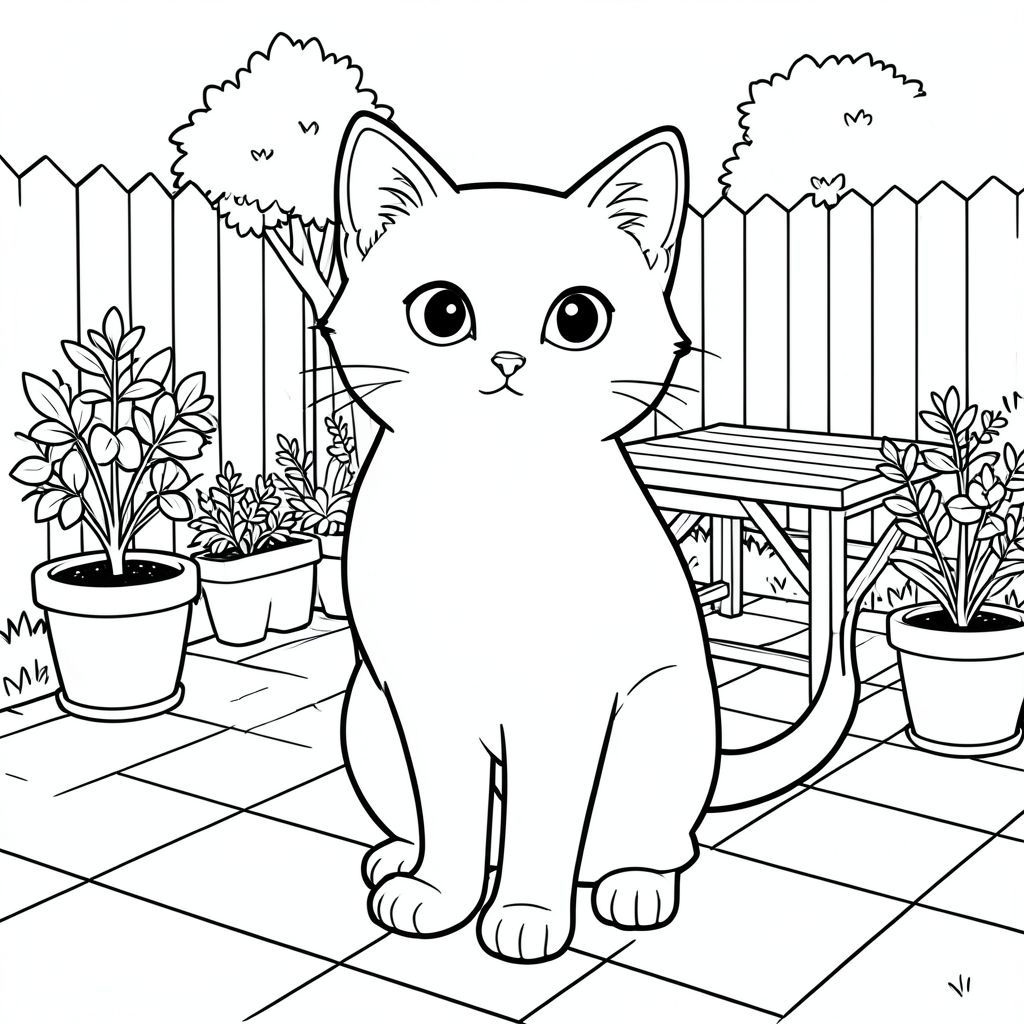 solo, single subject, one head, two eyes, two ears, four legs, one tail, natural proportions, proper scale in environment, anatomically correct, cat, sunny patio, backyard, garden, potted plants, table, simple background, clean, hand-drawn, doodle, storybook, coloring page, line art, white background, solo, single subject, anatomically correct, perfect anatomy