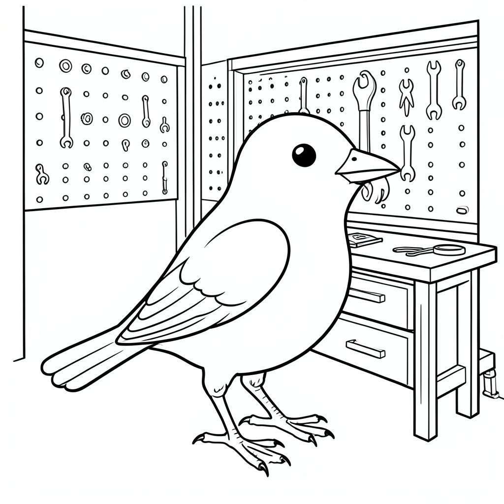 solo, single bird, one head, two eyes, one beak, two wings, two legs, one tail, natural proportions, proper scale in environment, anatomically correct, bird, Garage, workbench, tools, pegboard, wall, simple, clean, metal, wood, reflection, coloring page, line art, white background, solo, single subject, anatomically correct, perfect anatomy