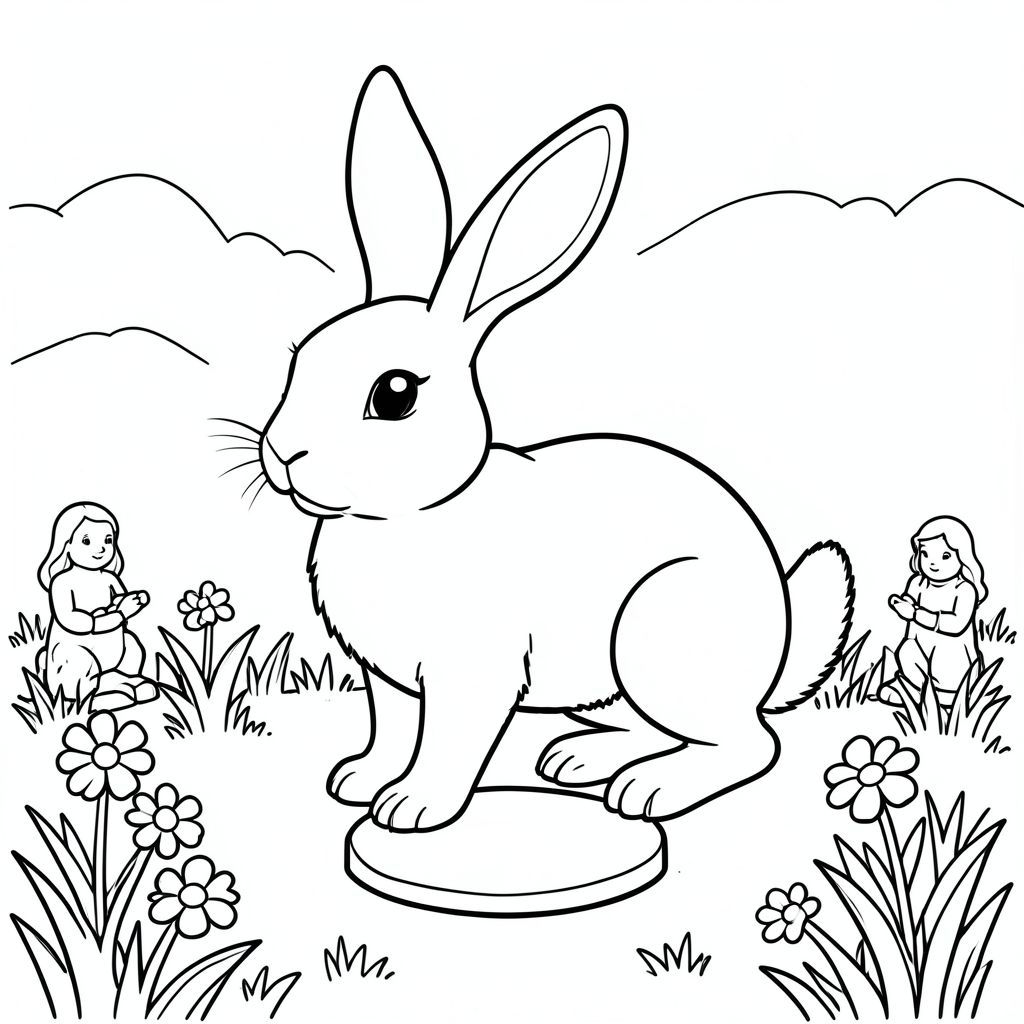 solo, single subject, one head, two eyes, two ears, four legs, one tail, natural proportions, proper scale in environment, anatomically correct, rabbit, garden, stepping stones, small statues, flowers, grass, sunlight, simple background, clean, naive, storybook, coloring page, line art, white background, solo, single subject, anatomically correct, perfect anatomy
