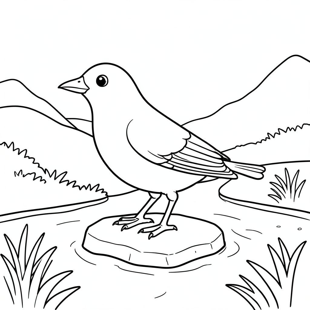 solo, single bird, one head, two eyes, one beak, two wings, two legs, one tail, natural proportions, proper scale in environment, anatomically correct, bird, stepping stone, stream, shallow, gentle, path, small, simple, clean, background, landscape, coloring page, line art, white background, solo, single subject, anatomically correct, perfect anatomy
