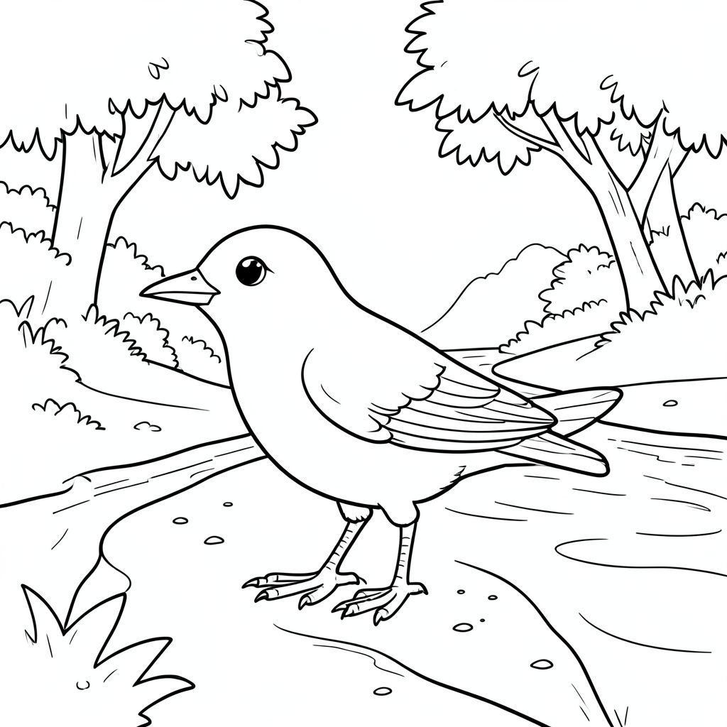 solo, single bird, one head, two eyes, one beak, two wings, two legs, one tail, natural proportions, proper scale in environment, anatomically correct, bird, River, bend, sand, bank, tree, foliage, sunlight, clear, calm, water, coloring page, line art, white background, solo, single subject, anatomically correct, perfect anatomy