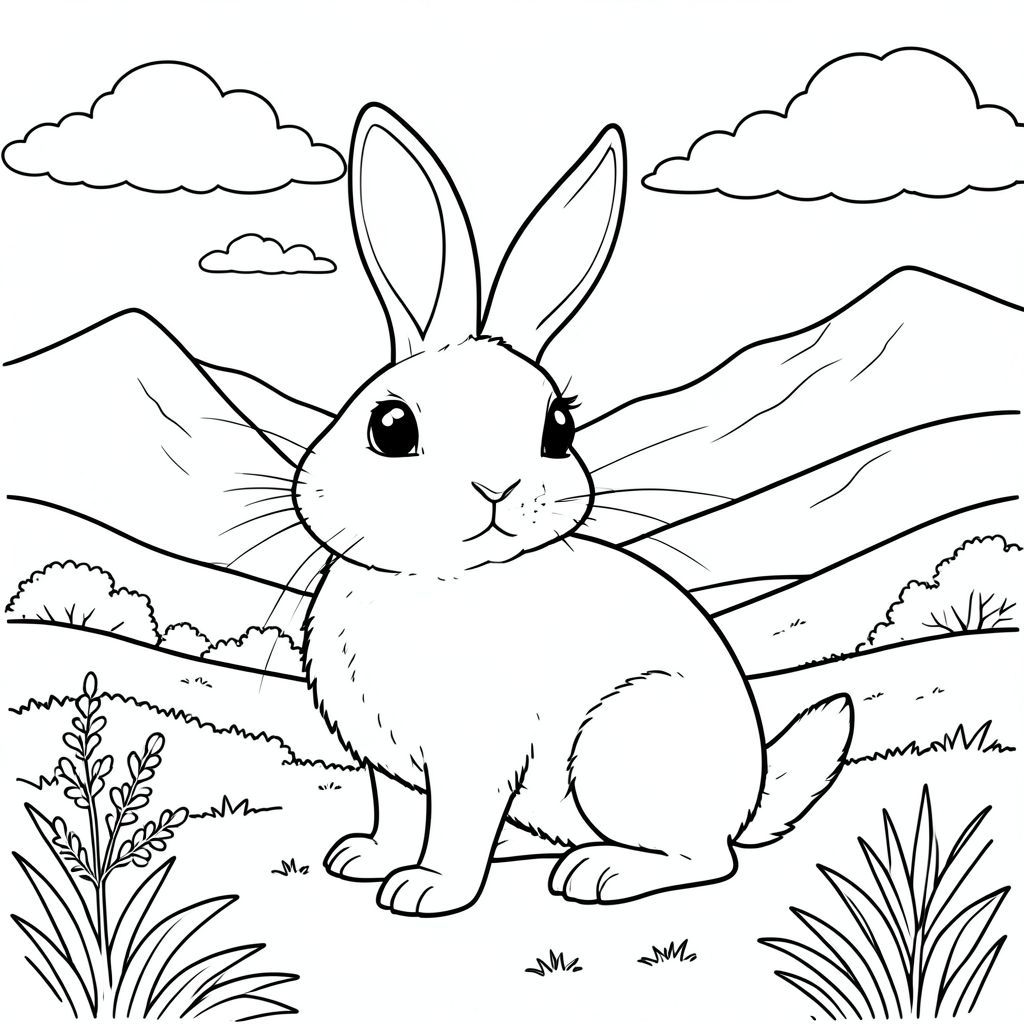 solo, single subject, one head, two eyes, two ears, four legs, one tail, natural proportions, proper scale in environment, anatomically correct, rabbit, Heather, moor, mountains, mist, clouds, sky, landscape, rolling hills, lowlands, sunlight, coloring page, line art, white background, solo, single subject, anatomically correct, perfect anatomy