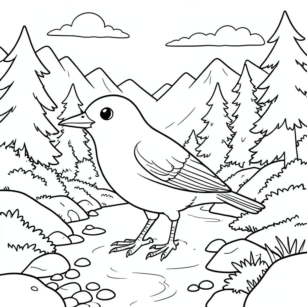 solo, single bird, one head, two eyes, one beak, two wings, two legs, one tail, natural proportions, proper scale in environment, anatomically correct, bird, Mountains, stream, forest, sunlight, clear sky, rocks, pebbles, moss, shade, gentle, coloring page, line art, white background, solo, single subject, anatomically correct, perfect anatomy