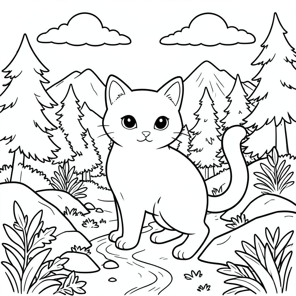 solo, single subject, one head, two eyes, two ears, four legs, one tail, natural proportions, proper scale in environment, anatomically correct, cat, Mountains, stream, rocks, foliage, sunlight, clouds, sky, forest, trees, path, coloring page, line art, white background, solo, single subject, anatomically correct, perfect anatomy