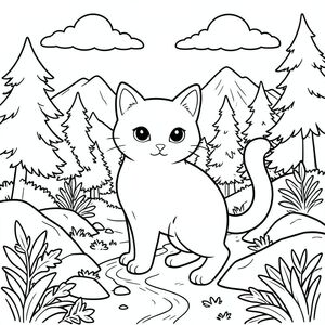 solo, chủ đề đơn, một đầu, hai mắt, hai tai, bốn chân, một đuôi, tỷ lệ tự nhiên, quy mô thích hợp trong môi trường, đúng giải phẫu, con mèo, Núi, suối, đá, tán lá, ánh sáng mặt trời, đám mây, bầu trời, rừng, cây cối, con đường, trang màu, nghệ thuật đường, nền trắng, solo, chủ đề đơn, đúng về mặt giải phẫu, giải phẫu hoàn hảo