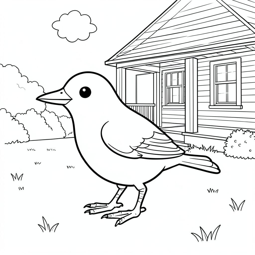 solo, single bird, one head, two eyes, one beak, two wings, two legs, one tail, natural proportions, proper scale in environment, anatomically correct, bird, Farmhouse, porch, wraparound, lawn, sunny, simple, clean, background, rural, countryside, coloring page, line art, white background, solo, single subject, anatomically correct, perfect anatomy