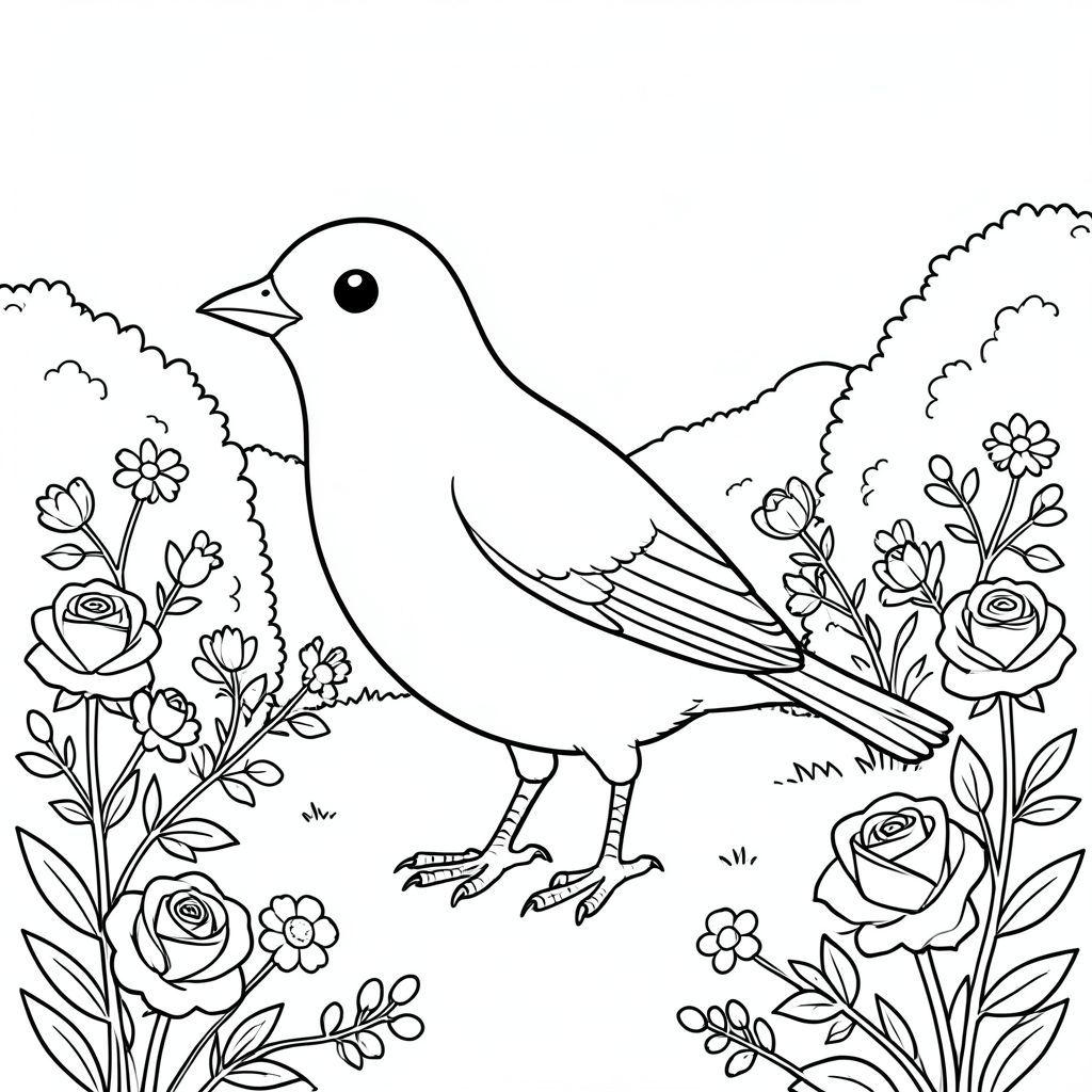 solo, single bird, one head, two eyes, one beak, two wings, two legs, one tail, natural proportions, proper scale in environment, anatomically correct, bird, Lane, hedgerows, roses, wildflowers, quiet, small, simple, clean, background, landscape, coloring page, line art, white background, solo, single subject, anatomically correct, perfect anatomy