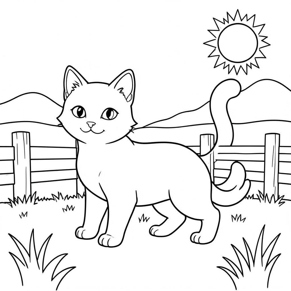 solo, single subject, one head, two eyes, two ears, four legs, one tail, natural proportions, proper scale in environment, anatomically correct, cat, pasture, rolling, simple fence, wooden, clean, background, simple, environment, sun, grass, coloring page, line art, white background, solo, single subject, anatomically correct, perfect anatomy