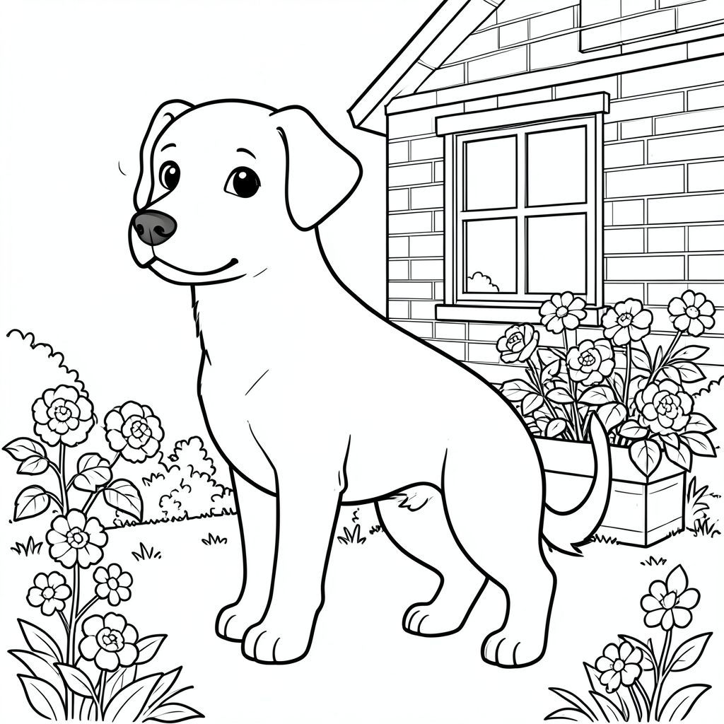 solo, single subject, one head, two eyes, two ears, four legs, one tail, natural proportions, proper scale in environment, anatomically correct, dog, window box, geraniums, brick house, front, simple, clean, background, garden, flowers, small, coloring page, line art, white background, solo, single subject, anatomically correct, perfect anatomy