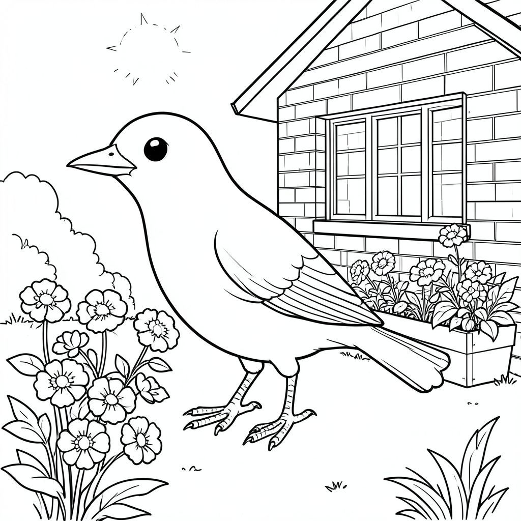 solo, single bird, one head, two eyes, one beak, two wings, two legs, one tail, natural proportions, proper scale in environment, anatomically correct, bird, window box, geraniums, brick house, front, simple, clean, garden, small, background, sunny, coloring page, line art, white background, solo, single subject, anatomically correct, perfect anatomy