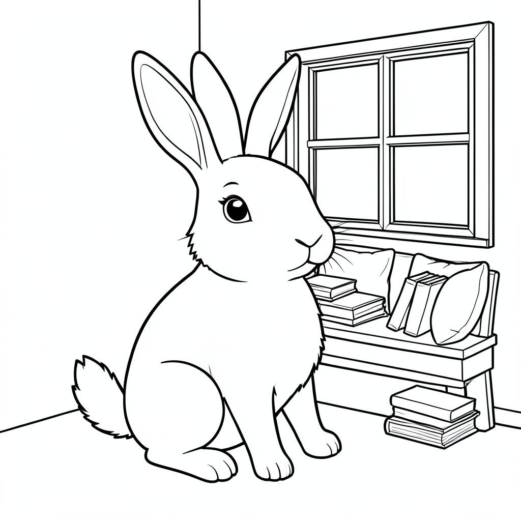 solo, single subject, one head, two eyes, two ears, four legs, one tail, natural proportions, proper scale in environment, anatomically correct, rabbit, window, cozy, reading, nook, cushions, books, simple, clean, background, warm, coloring page, line art, white background, solo, single subject, anatomically correct, perfect anatomy