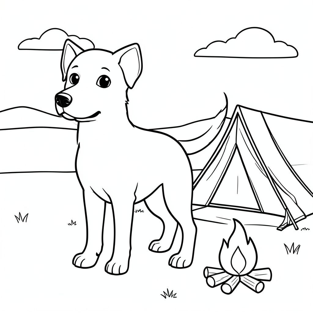 solo, single subject, one head, two eyes, two ears, four legs, one tail, natural proportions, proper scale in environment, anatomically correct, dog, Desert, campsite, tent, campfire, ring, simple, clean, landscape, horizon, sky, coloring page, line art, white background, solo, single subject, anatomically correct, perfect anatomy