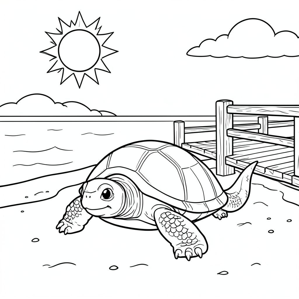 Độc lập, Rùa đơn, một đầu, Hai mắt, bốn chân, một vỏ, một đuôi, bàn chân trên mặt đất vững chắc, tỷ lệ tự nhiên, quy mô thích hợp trong môi trường, đúng giải phẫu, rùa, mặt trời, bờ biển, lối đi lát ván, lan can gỗ, cát, nước trong, bầu trời, ấm áp, đơn giản, sạch sẽ, trang màu, nghệ thuật đường, nền trắng, solo, chủ đề đơn, chính xác về mặt giải phẫu, giải phẫu hoàn hảo